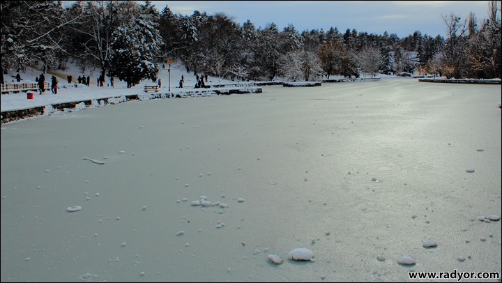 Frozen "Lebeda" lake in Dobrich, Bulgaria